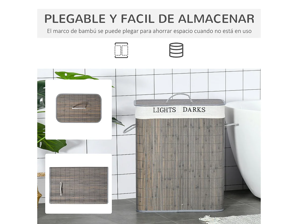 Cesto de ropa sucia Segura Homcom bambú 2 compartimentos y tapa gris 58x33x26 cm