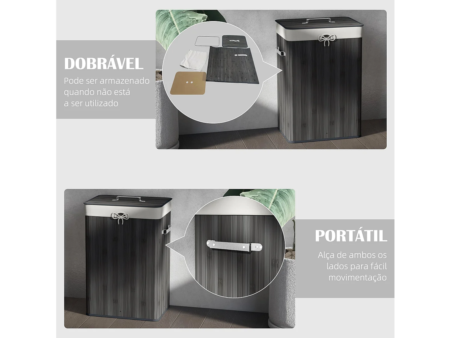 Cesto de Roupa Dobrável HOMCOM em Bambu com Tampa e Bolsa Removível - Cinza Escuro 40x30x60 cm