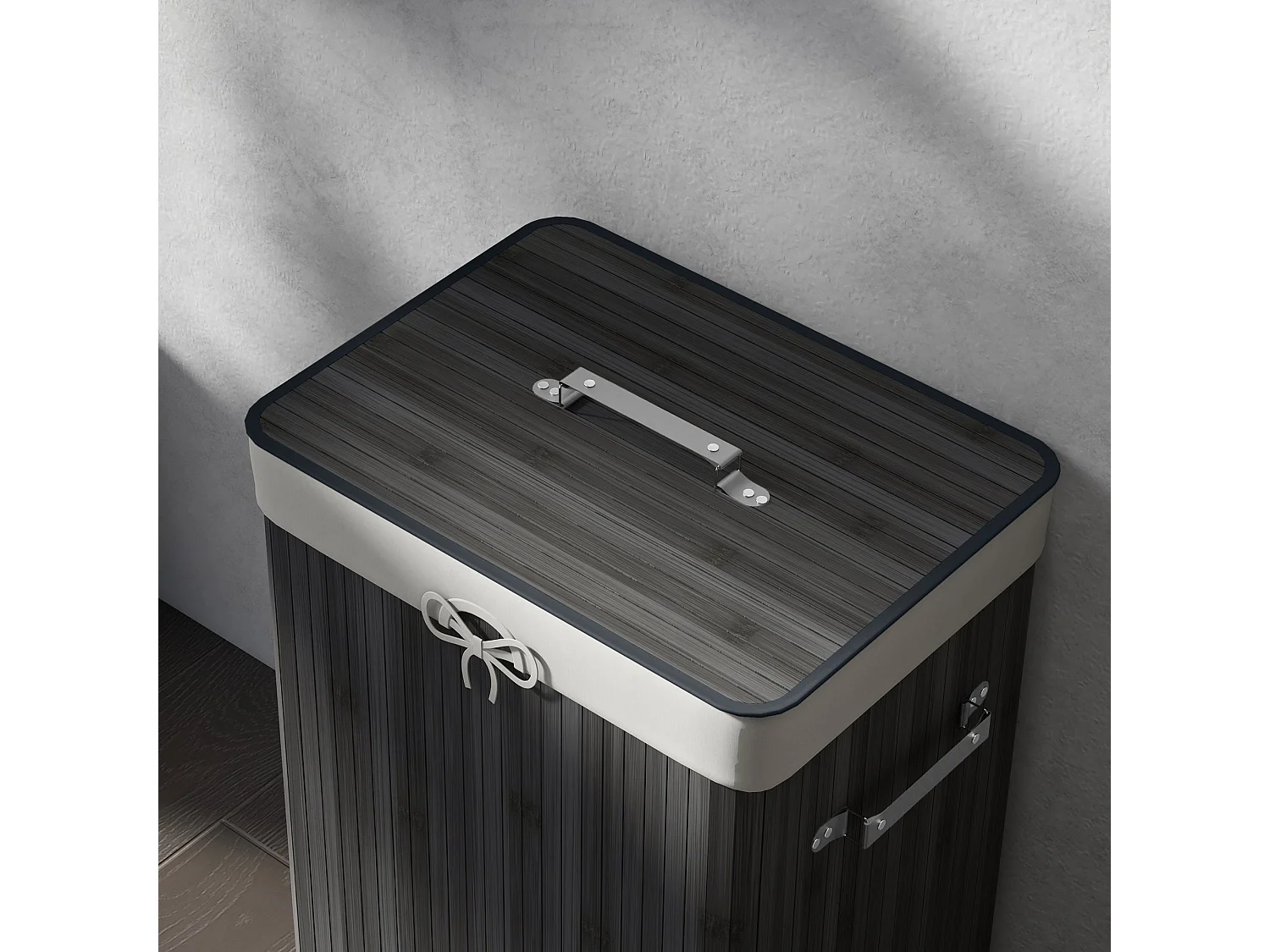 Cesto de Roupa Dobrável HOMCOM em Bambu com Tampa e Bolsa Removível - Cinza Escuro 40x30x60 cm