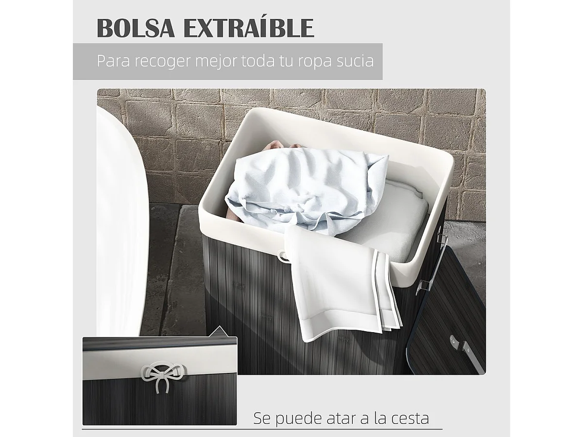 Cesto de Roupa Dobrável HOMCOM em Bambu com Tampa e Bolsa Removível - Cinza Escuro 40x30x60 cm
