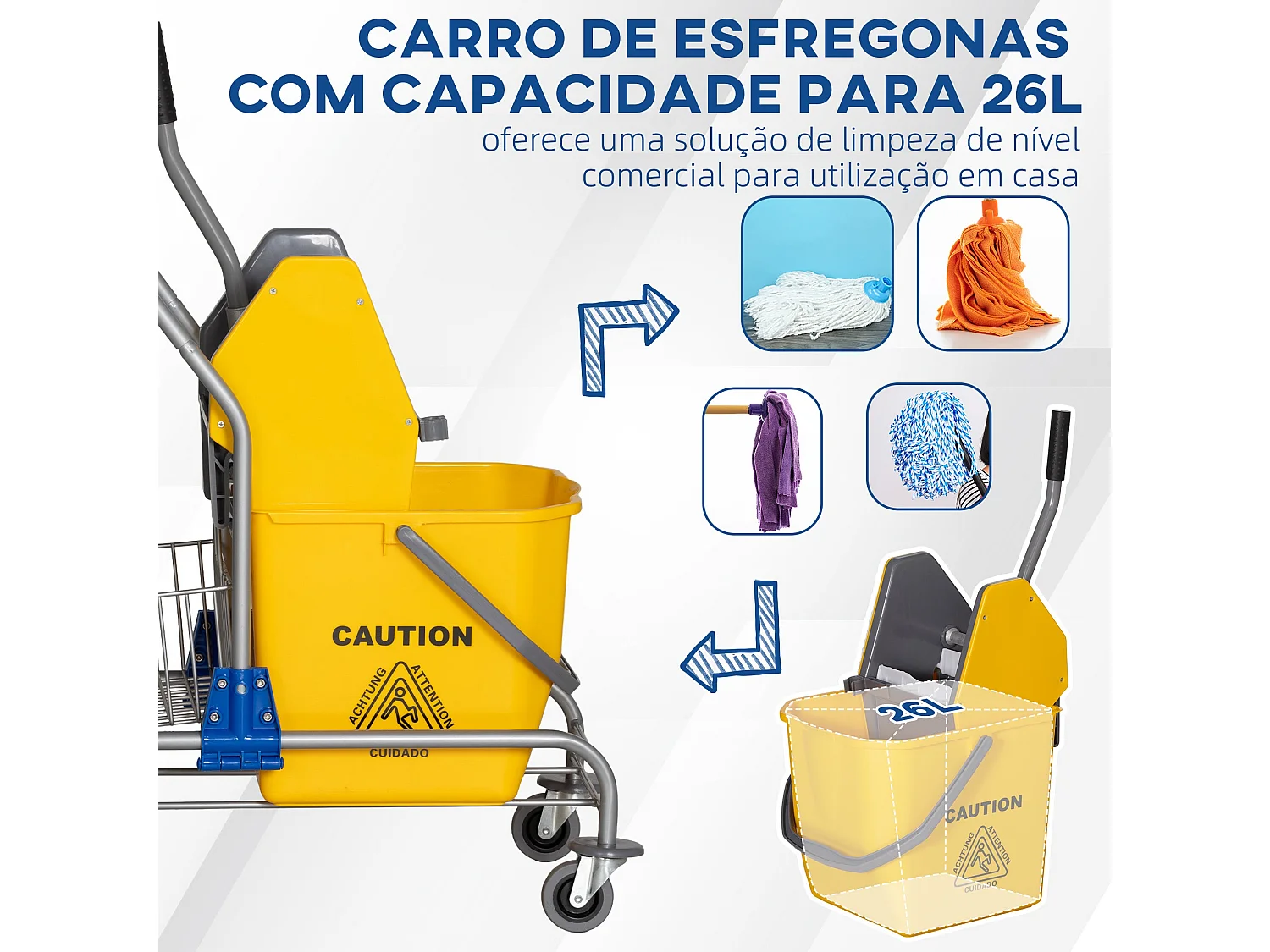 Carro de Limpeza HOMCOM com Balde e Escorredor a Pressão - Capacidade de 26L, Amarelo