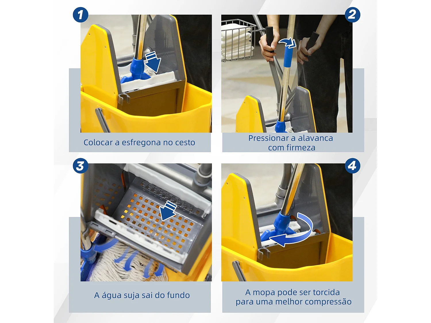 Carro de Limpeza HOMCOM com Balde e Escorredor a Pressão - Capacidade de 26L, Amarelo