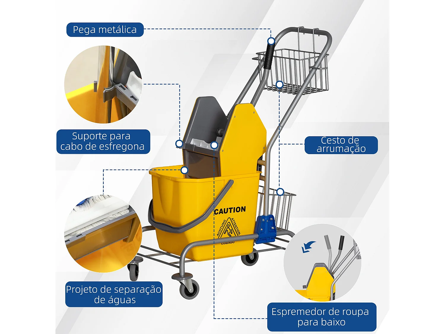 Carro de Limpeza HOMCOM com Balde e Escorredor a Pressão - Capacidade de 26L, Amarelo