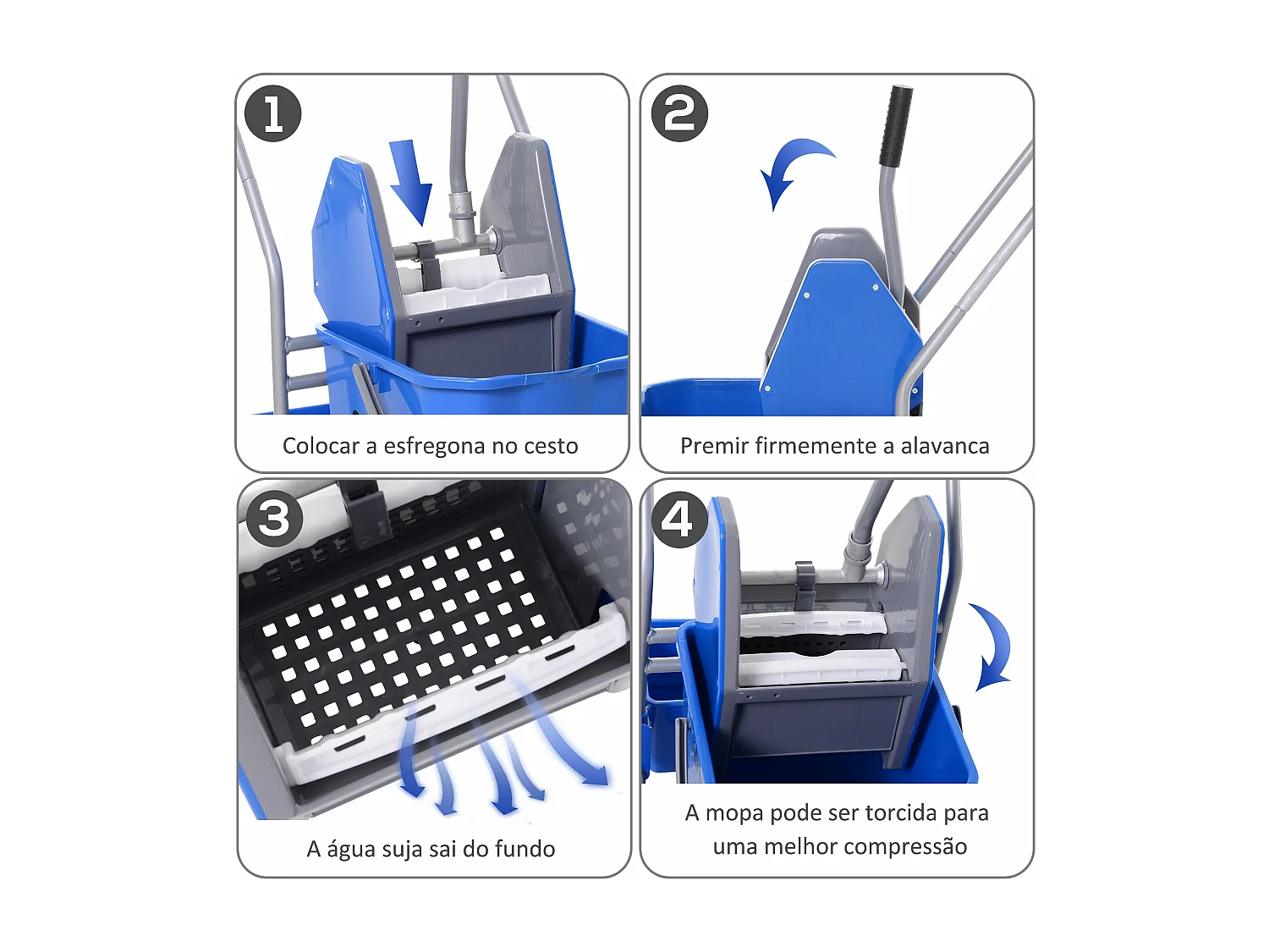 Carrinho de Limpeza Profissional com Balde de 25 Litros e Rodas - Azul