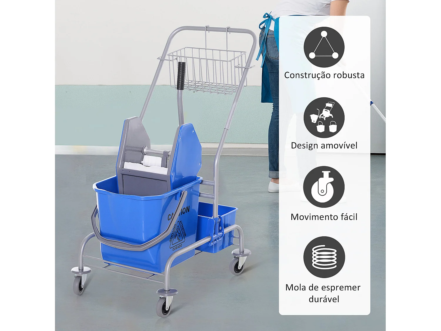 Carrinho de Limpeza Profissional com Balde de 25 Litros e Rodas - Azul