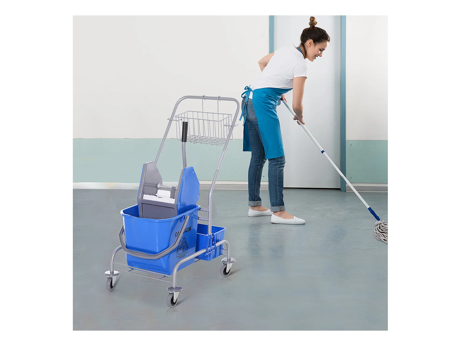 Carrinho de Limpeza Profissional com Balde de 25 Litros e Rodas - Azul