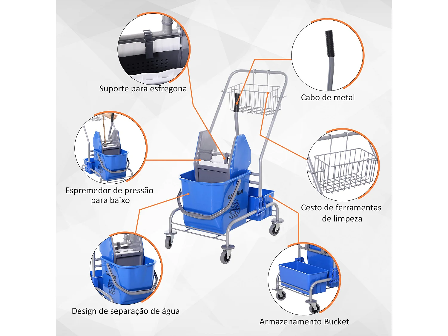 Carrinho de Limpeza Profissional com Balde de 25 Litros e Rodas - Azul