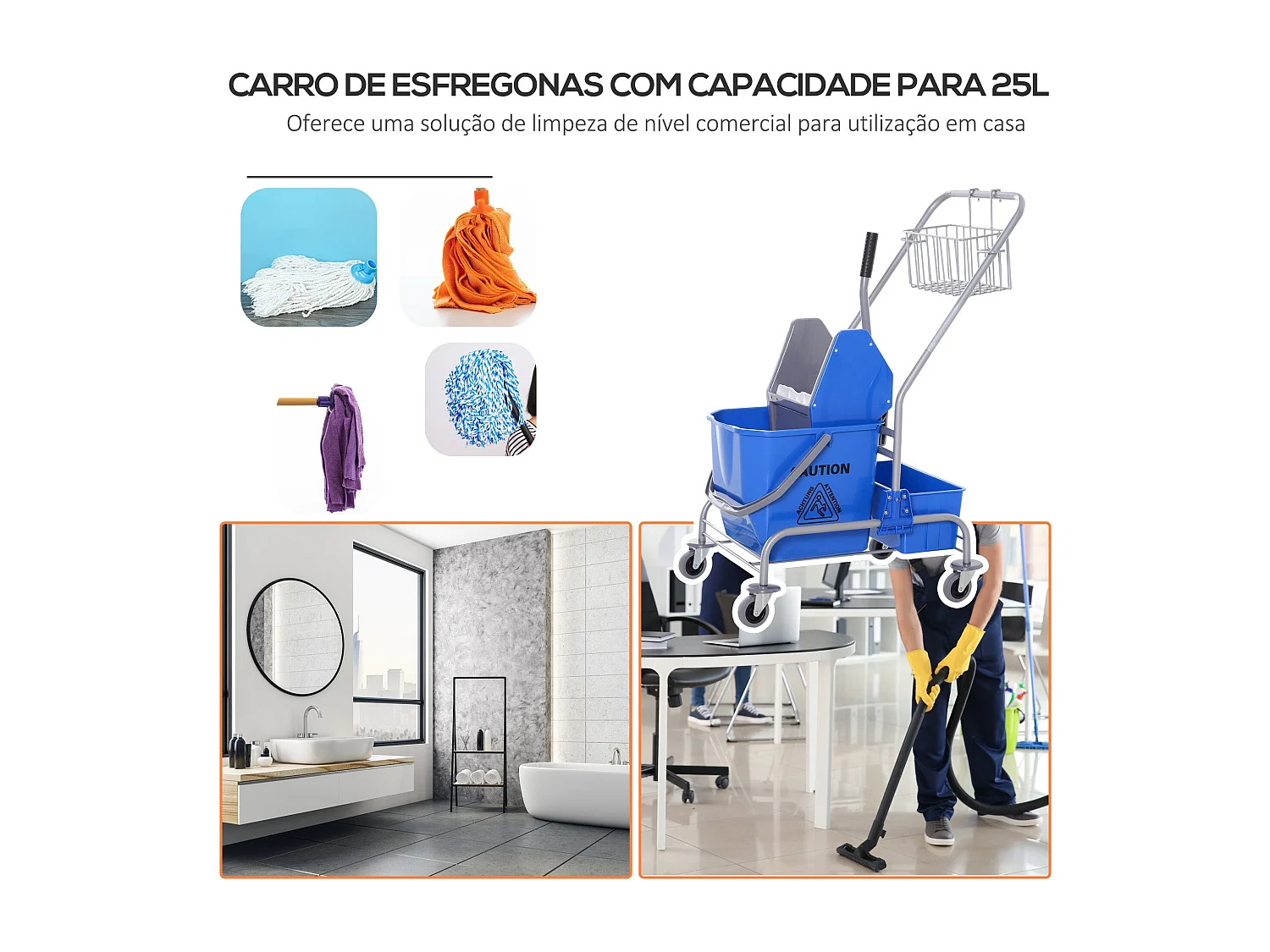 Carrinho de Limpeza Profissional com Balde de 25 Litros e Rodas - Azul