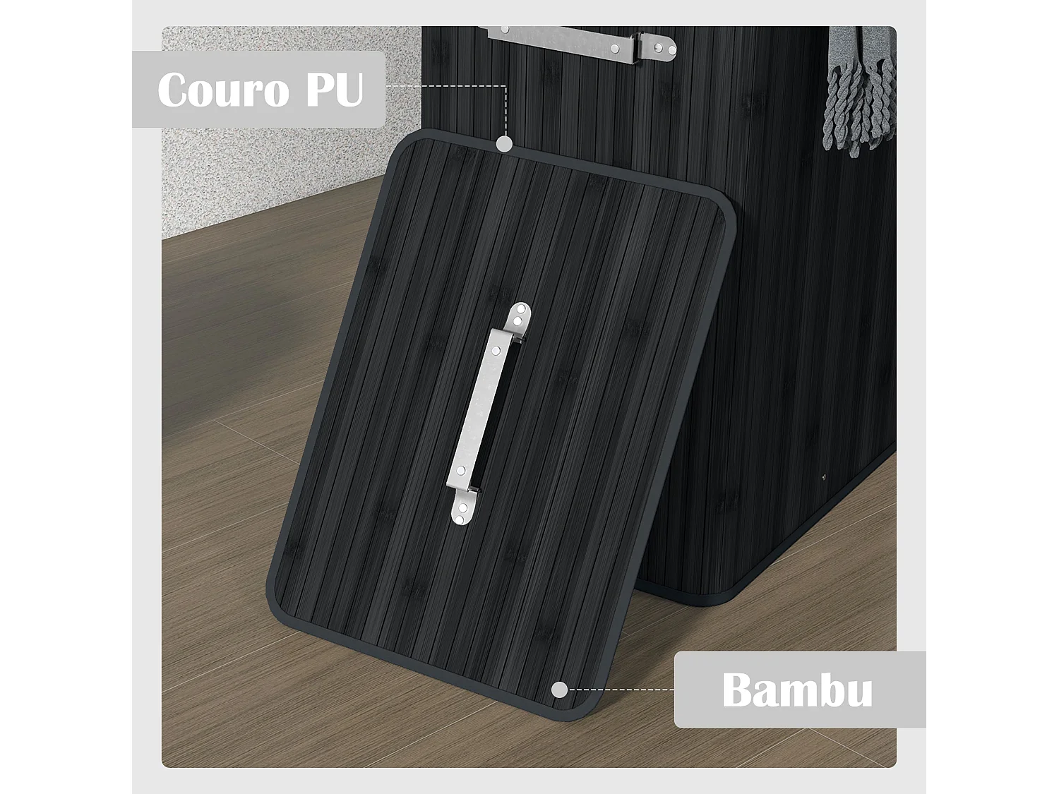 Cesto de Roupa Dobrável em Bambu HOMCOM com Tampa e Bolsa Removível - Preto 40x30x60 cm