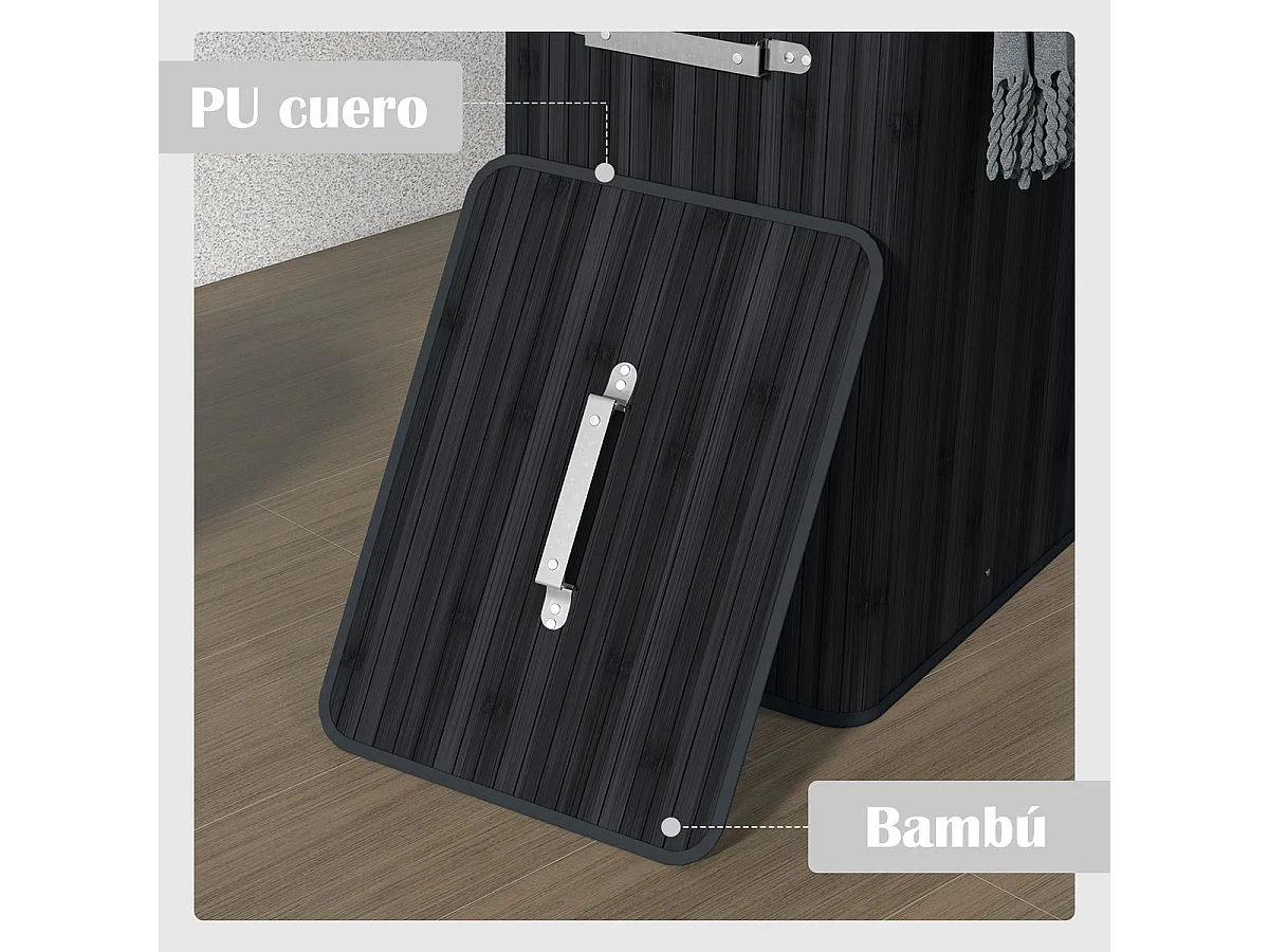 Cesto de Roupa Dobrável em Bambu HOMCOM com Tampa e Bolsa Removível - Preto 40x30x60 cm