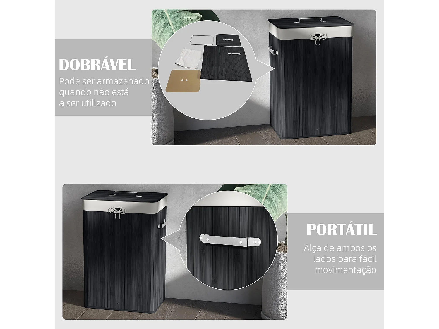 Cesto para ropa sucia Kunzita Homcom plegable con asas negro 60x40x30 cm