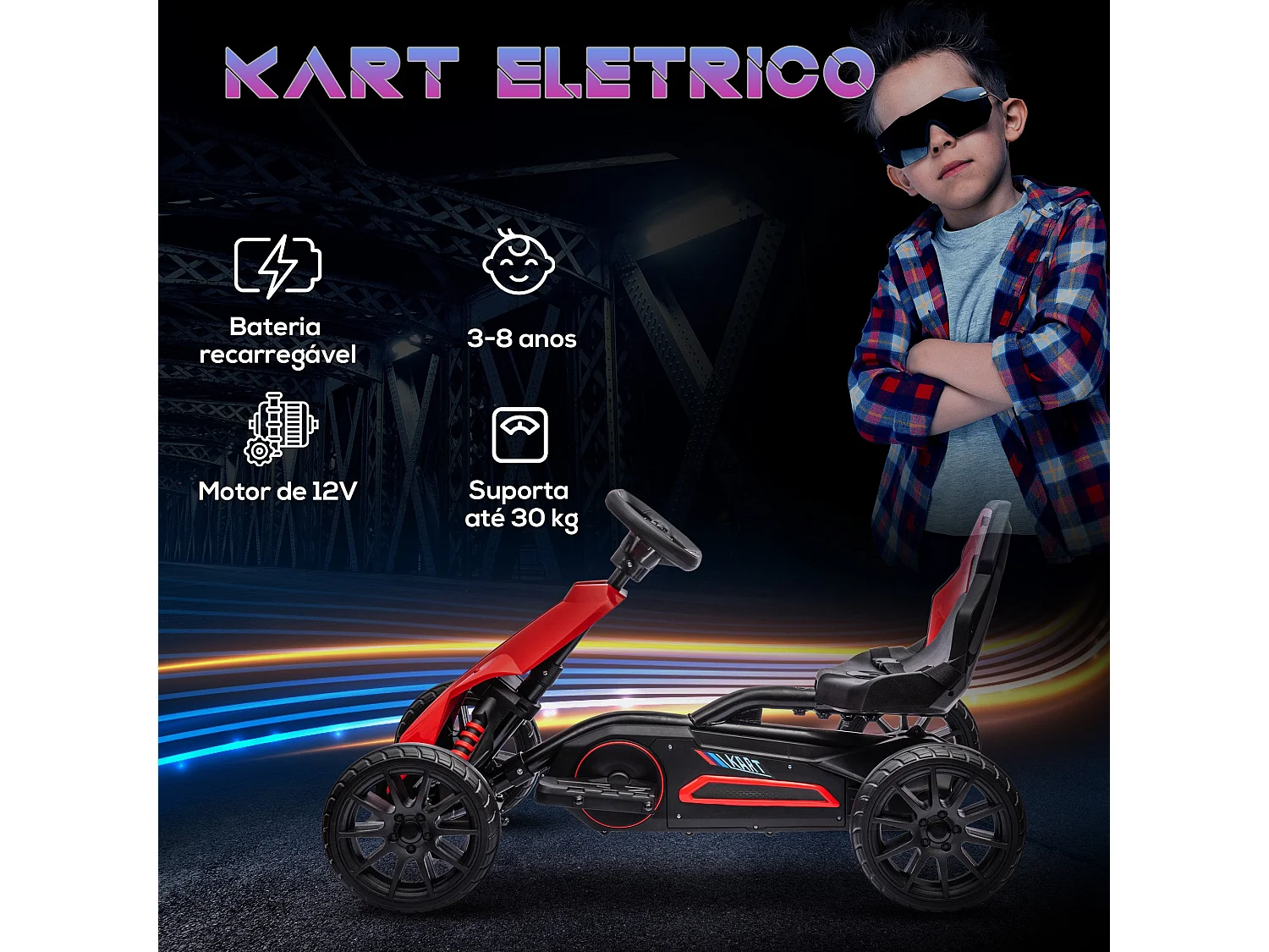 HOMCOM Kart Elétrico Infantil 12V para Crianças de 3 a 8 Anos com Velocidade Ajustável e Cinto de Segurança
