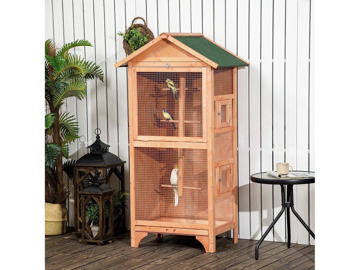 Gaiola para Pássaros PawHut de Madeira com 3 Portas e 4 Poleiros - 80,5x57x153 cm Natural