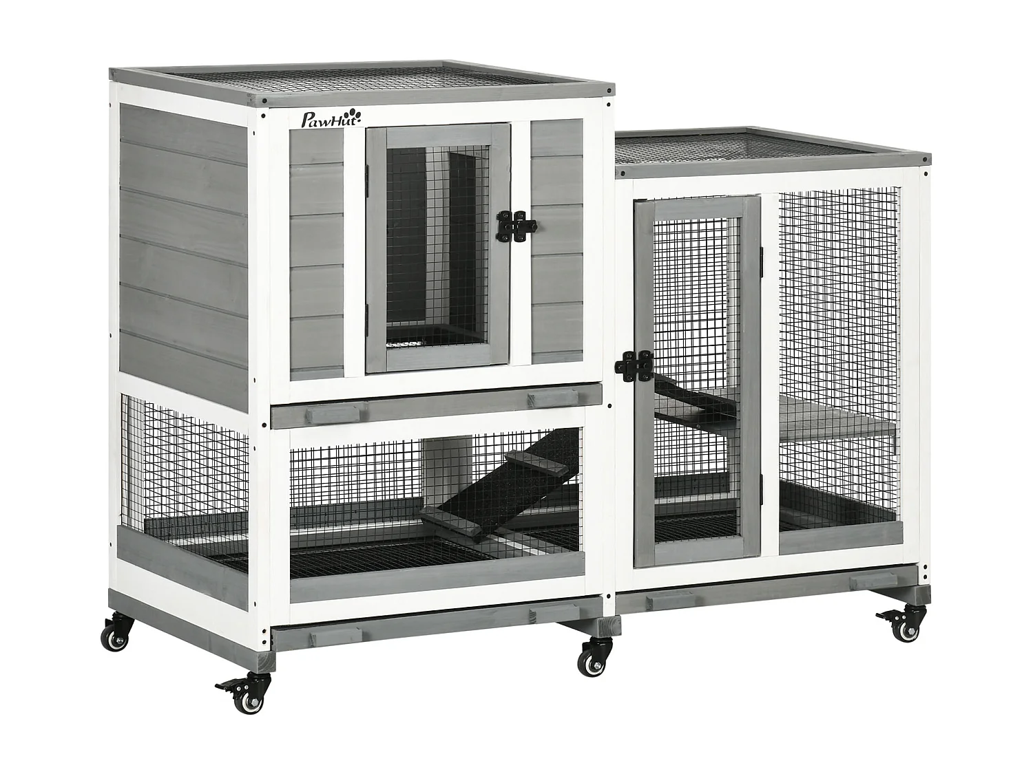 Coelheira de Madeira PawHut para Coelhos e Animais Pequenos com 2 Níveis e Rodas - Cinza 110x50x86 cm