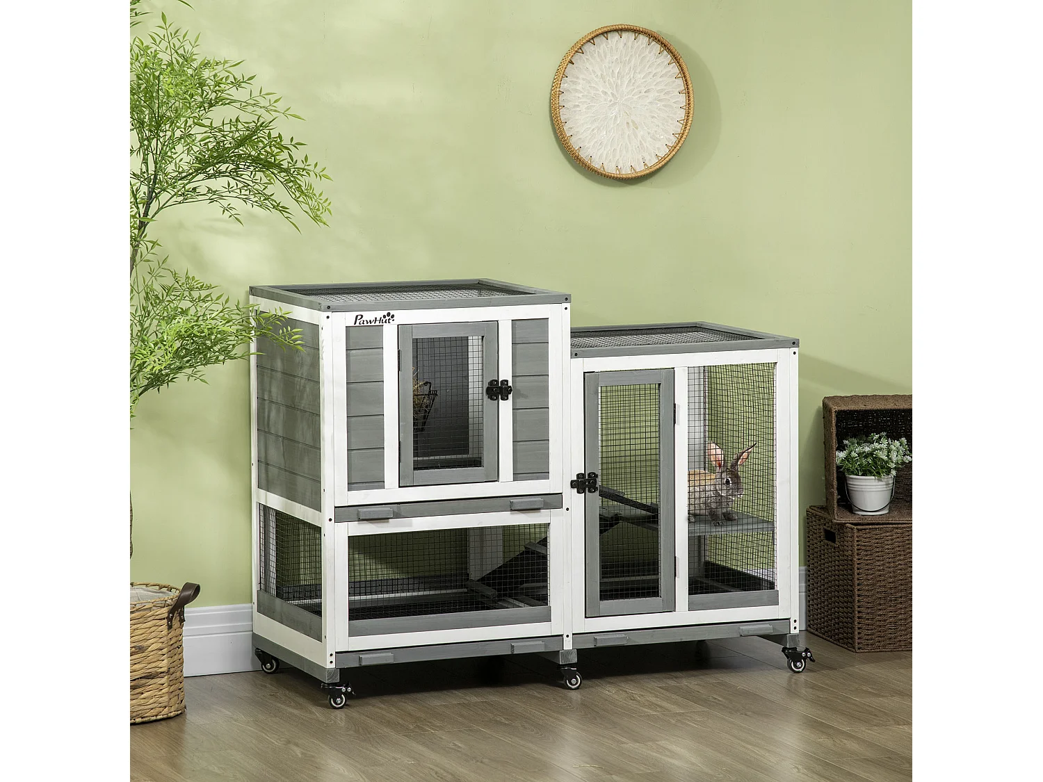 Coelheira de Madeira PawHut para Coelhos e Animais Pequenos com 2 Níveis e Rodas - Cinza 110x50x86 cm