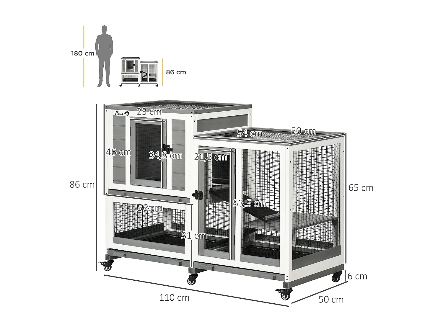 Coelheira de Madeira PawHut para Coelhos e Animais Pequenos com 2 Níveis e Rodas - Cinza 110x50x86 cm