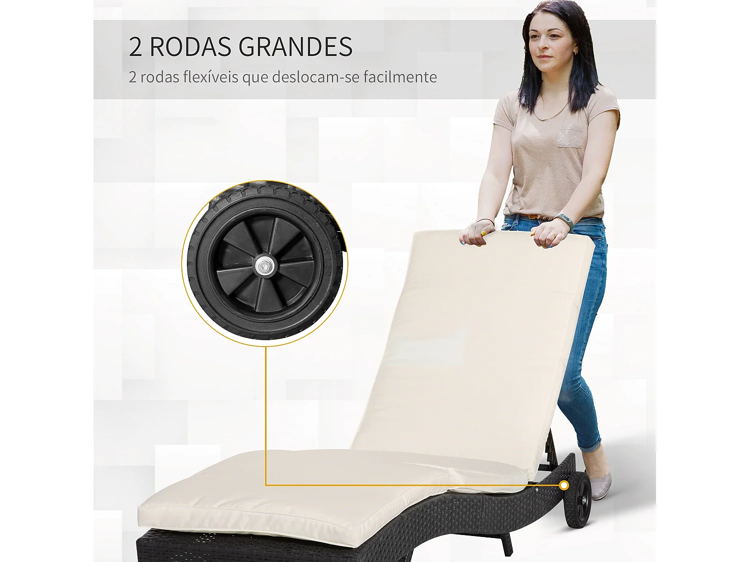 Espreguiçadeira de Jardim Outsunny em Vime Reclinável com Rodas e Almofada - Preto e Creme