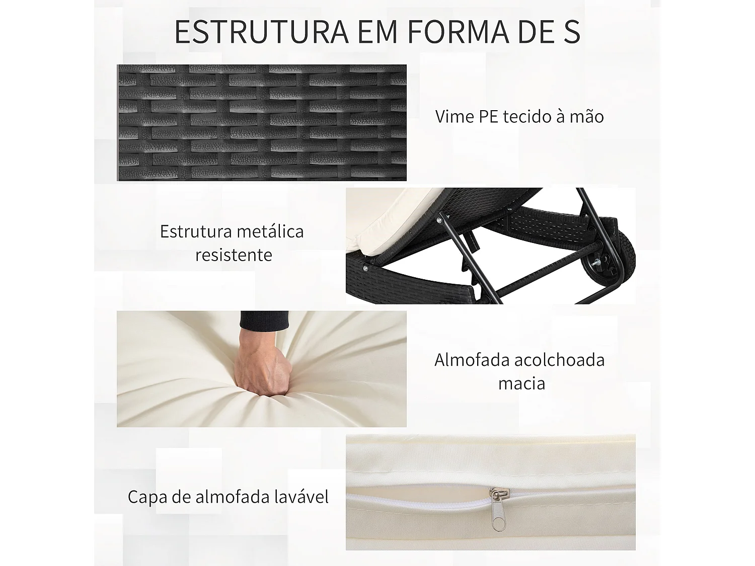 Espreguiçadeira de Jardim Outsunny em Vime Reclinável com Rodas e Almofada - Preto e Creme