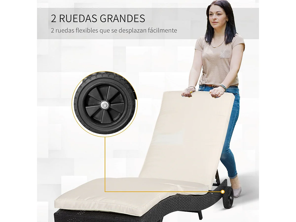 Espreguiçadeira de Jardim Outsunny em Vime Reclinável com Rodas e Almofada - Preto e Creme