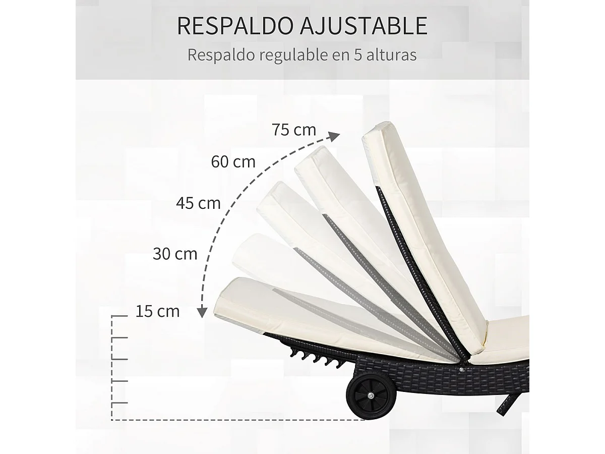 Espreguiçadeira de Jardim Outsunny em Vime Reclinável com Rodas e Almofada - Preto e Creme