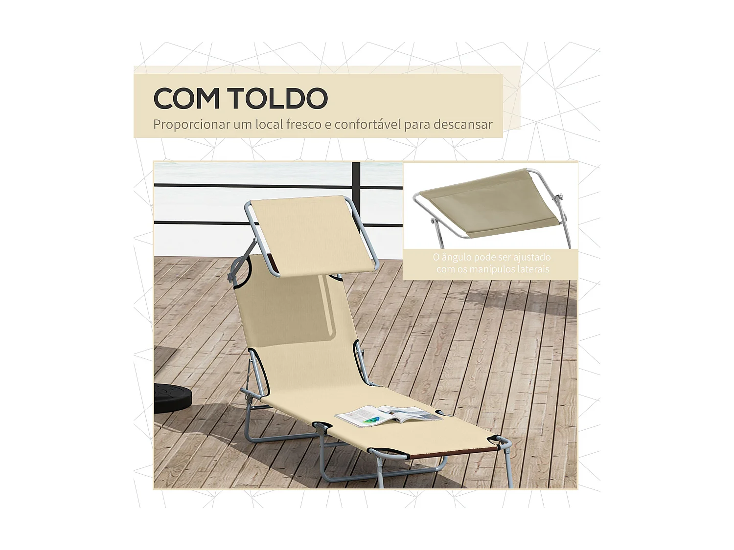 Espreguiçadeira de Jardim Dobrável com Toldo Removível e Ajustável - Outsunny 187x58x36 cm Bege