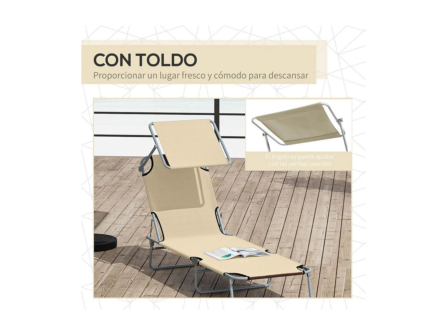 Espreguiçadeira de Jardim Dobrável com Toldo Removível e Ajustável - Outsunny 187x58x36 cm Bege