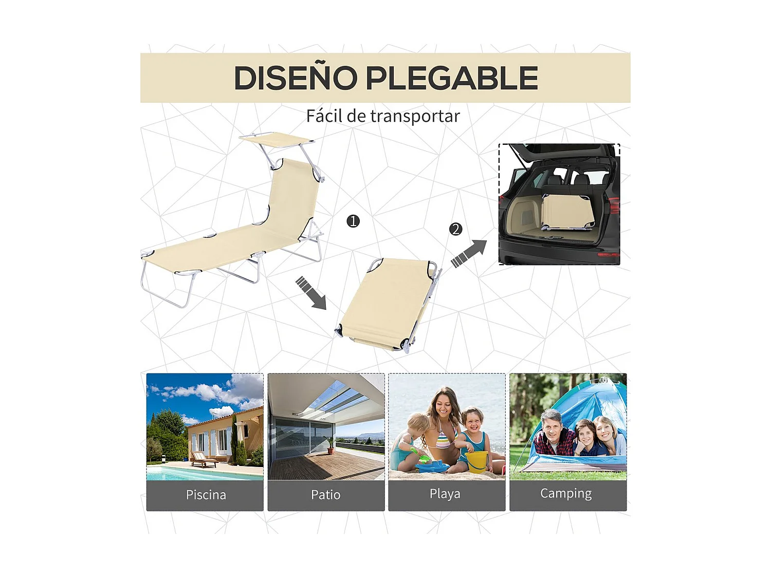 Espreguiçadeira de Jardim Dobrável com Toldo Removível e Ajustável - Outsunny 187x58x36 cm Bege