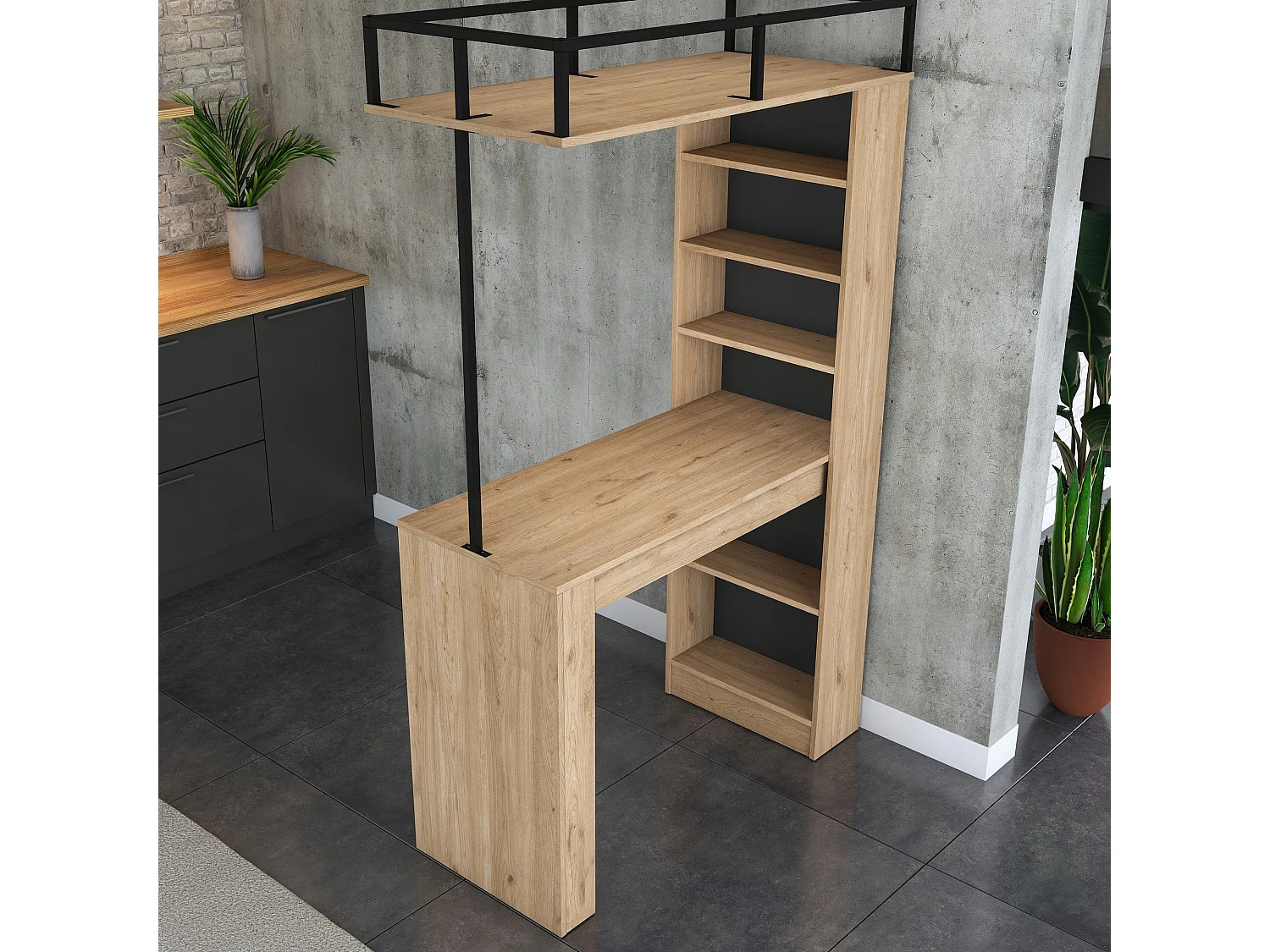 Mesa de Bar Moderna "Jane" com Estante em Nogueira e Preto - 120x198x55 cm