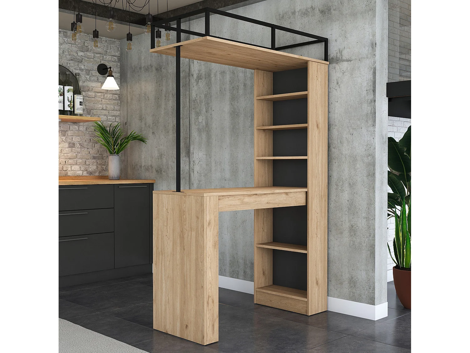 Mesa de Bar Moderna "Jane" com Estante em Nogueira e Preto - 120x198x55 cm