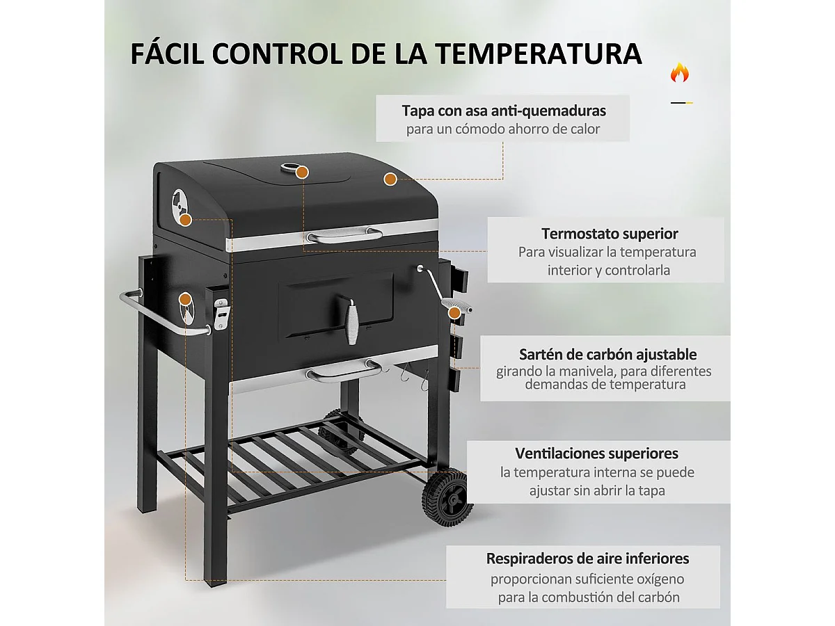 Barbacoa de carbón Jay tapa + termostato + ruedas negro 108x113x65 cm