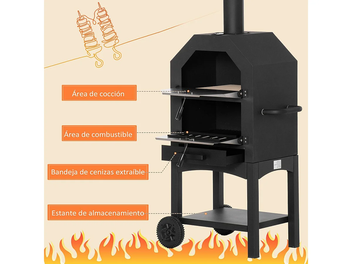 Horno de leña Outsunny 3 niveles con ruedas acero inox negro 160x64x54 cm