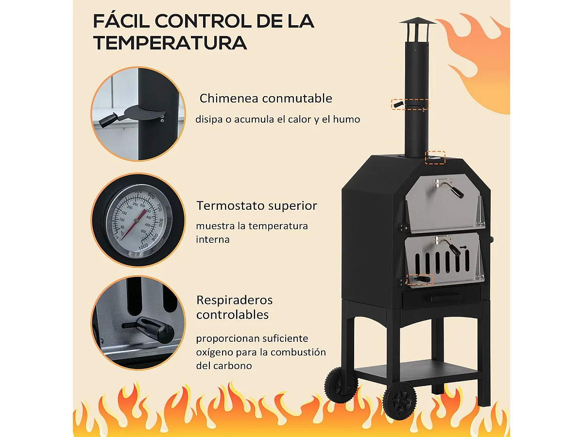 Horno de leña Outsunny 3 niveles con ruedas acero inox negro 160x64x54 cm
