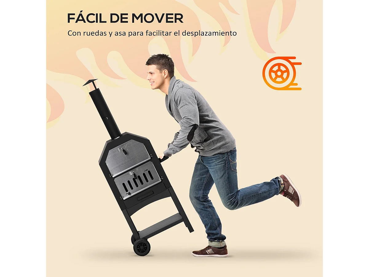 Horno de leña Outsunny 3 niveles con ruedas acero inox negro 160x64x54 cm