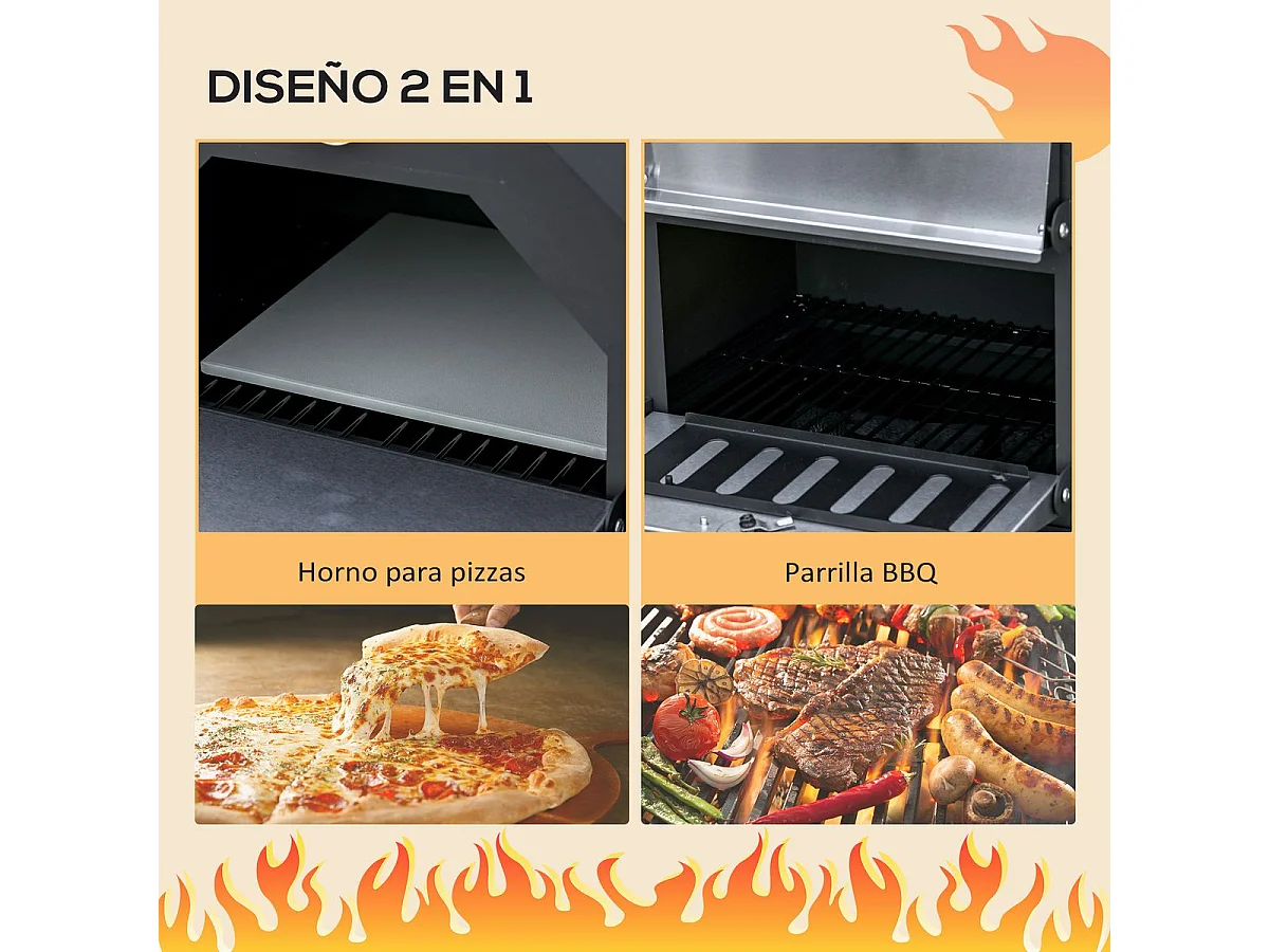 Horno de leña Outsunny 3 niveles con ruedas acero inox negro 160x64x54 cm