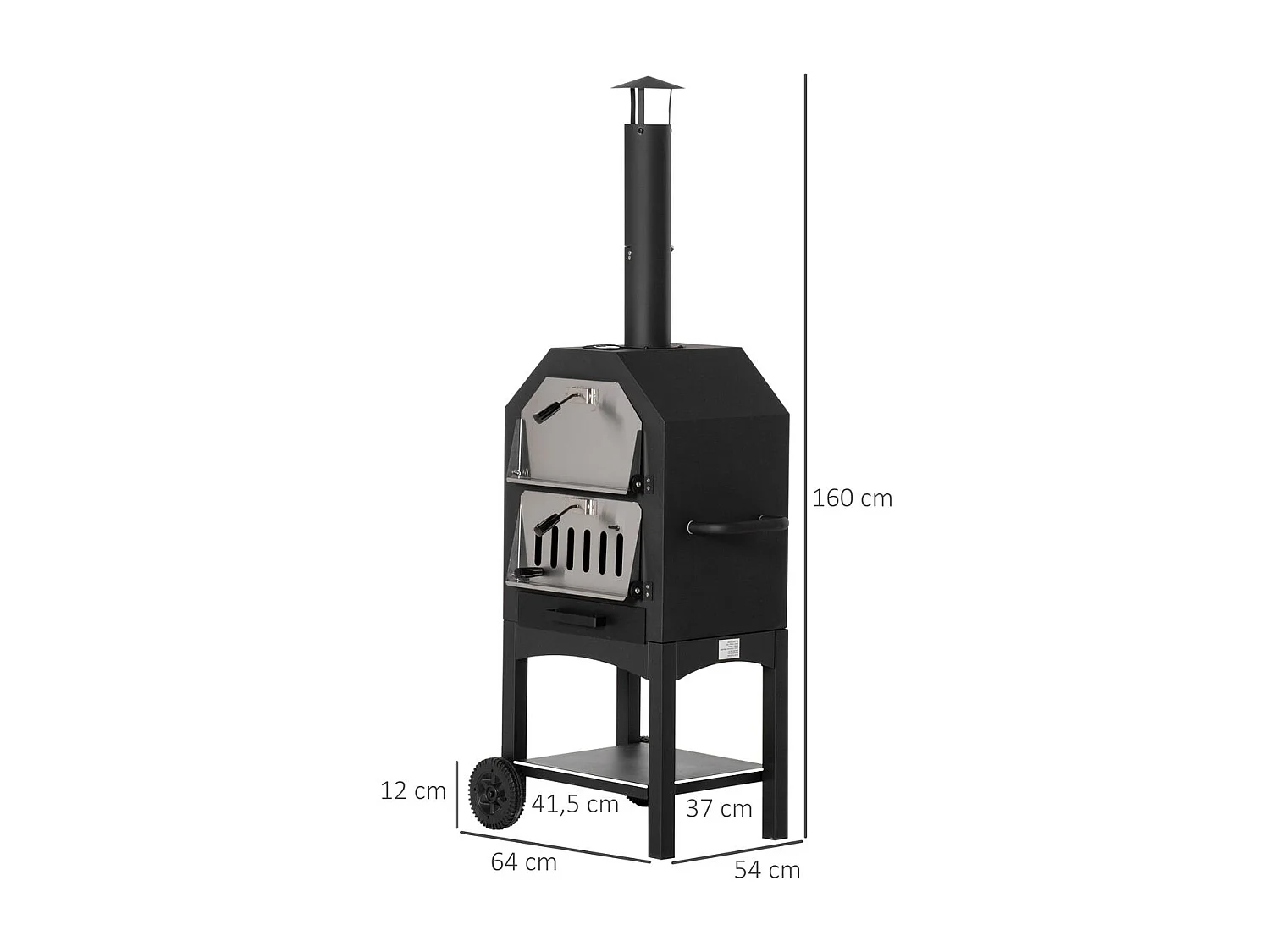 Horno de leña Outsunny 3 niveles con ruedas acero inox negro 160x64x54 cm