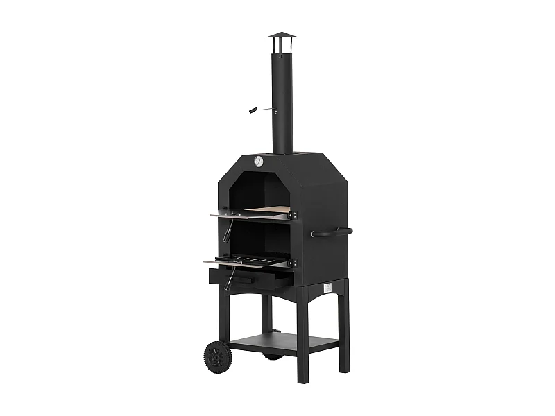 Horno de leña Outsunny 3 niveles con ruedas acero inox negro 160x64x54 cm