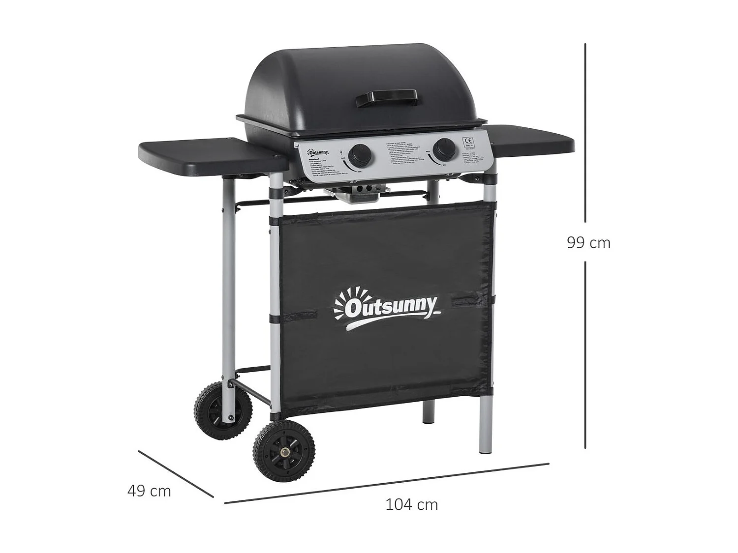 Barbacoa de gas Outsunny 2 quemadores 5,6kW con ruedas negro 99x104x49 cm