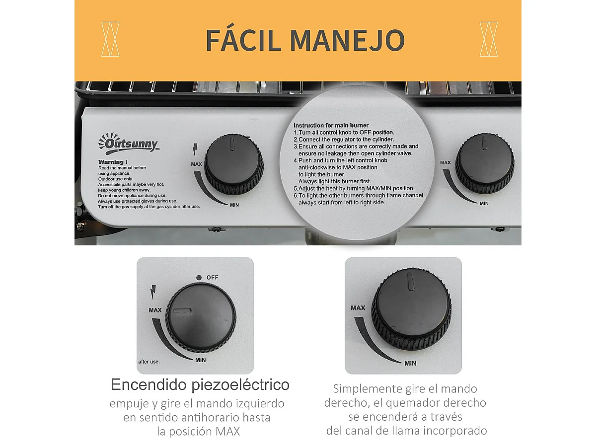 Barbacoa de gas Outsunny 2 quemadores 5,6kW con ruedas negro 99x104x49 cm