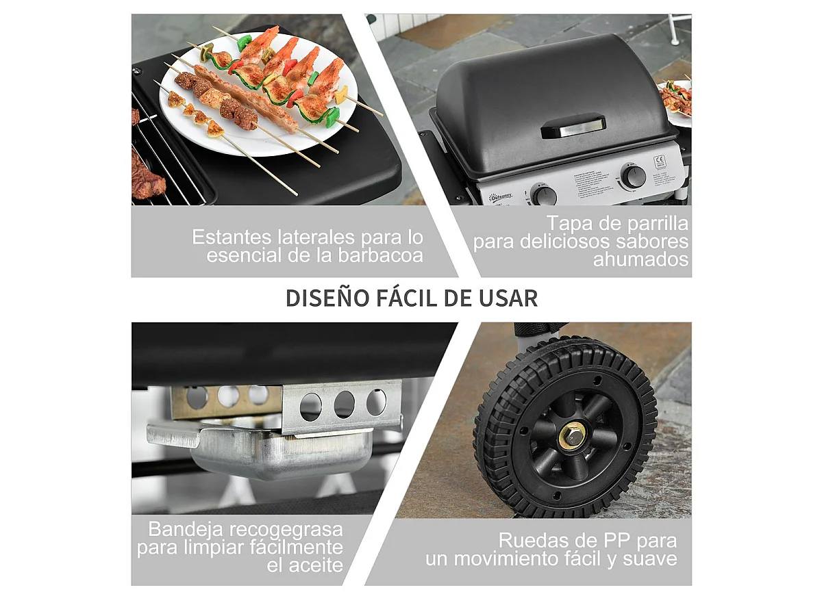 Barbacoa de gas Outsunny 2 quemadores 5,6kW con ruedas negro 99x104x49 cm