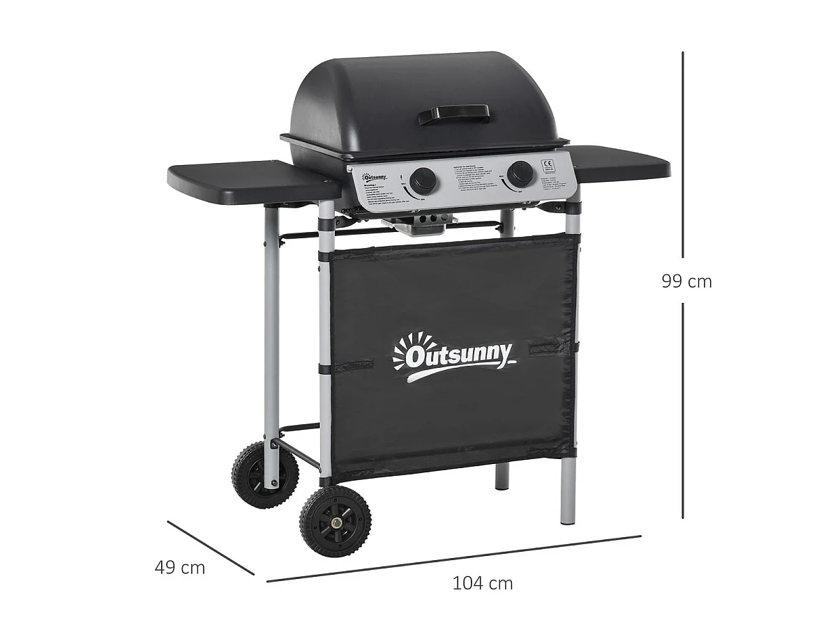 Barbacoa de gas Outsunny 2 quemadores 5,6kW con ruedas negro 99x104x49 cm