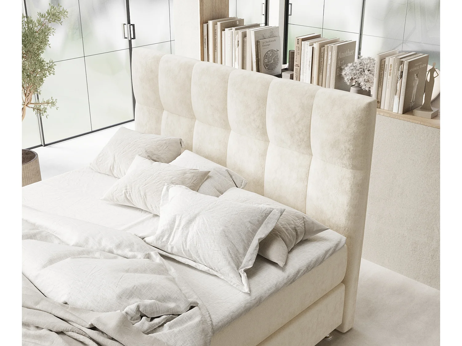 Boxspringbett aus Samtstoff Elisio - Matratze - Toppermatratze - 200x200 cm - creme