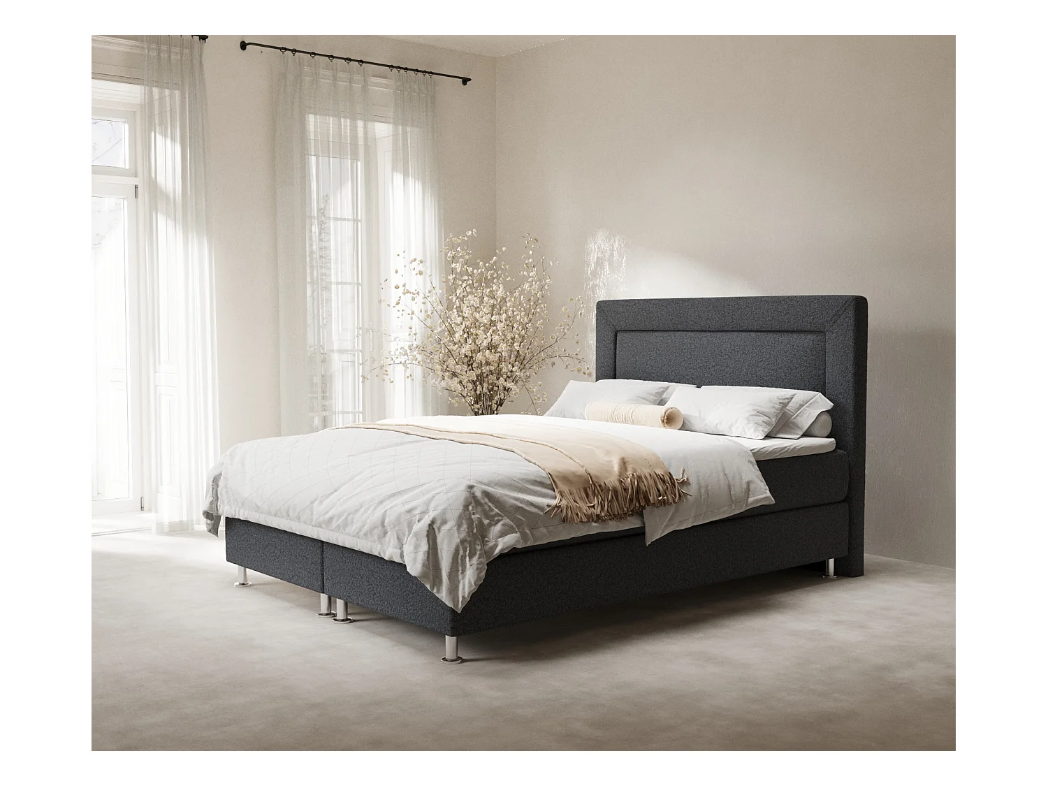 Lit boxspring en toile tissée Laguno - matelas - surmatelas - 180x200 cm - noir