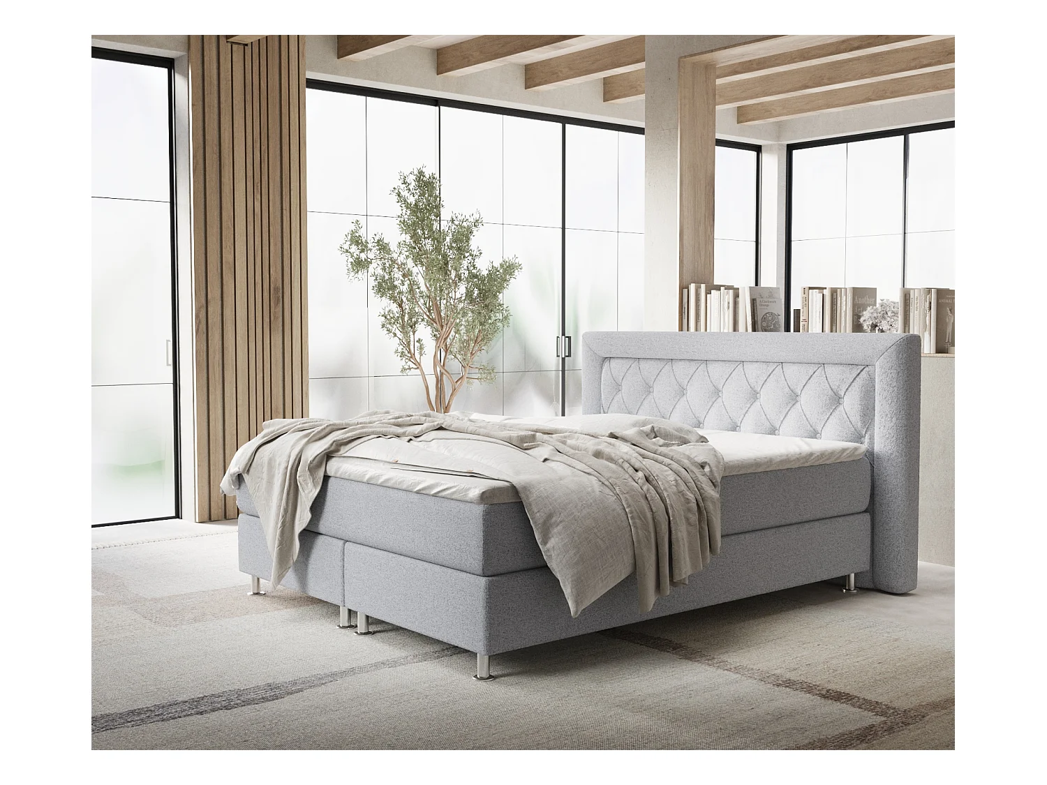Lit boxspring en toile tissée Lavello - matelas - surmatelas - 180x200 cm - gris clair