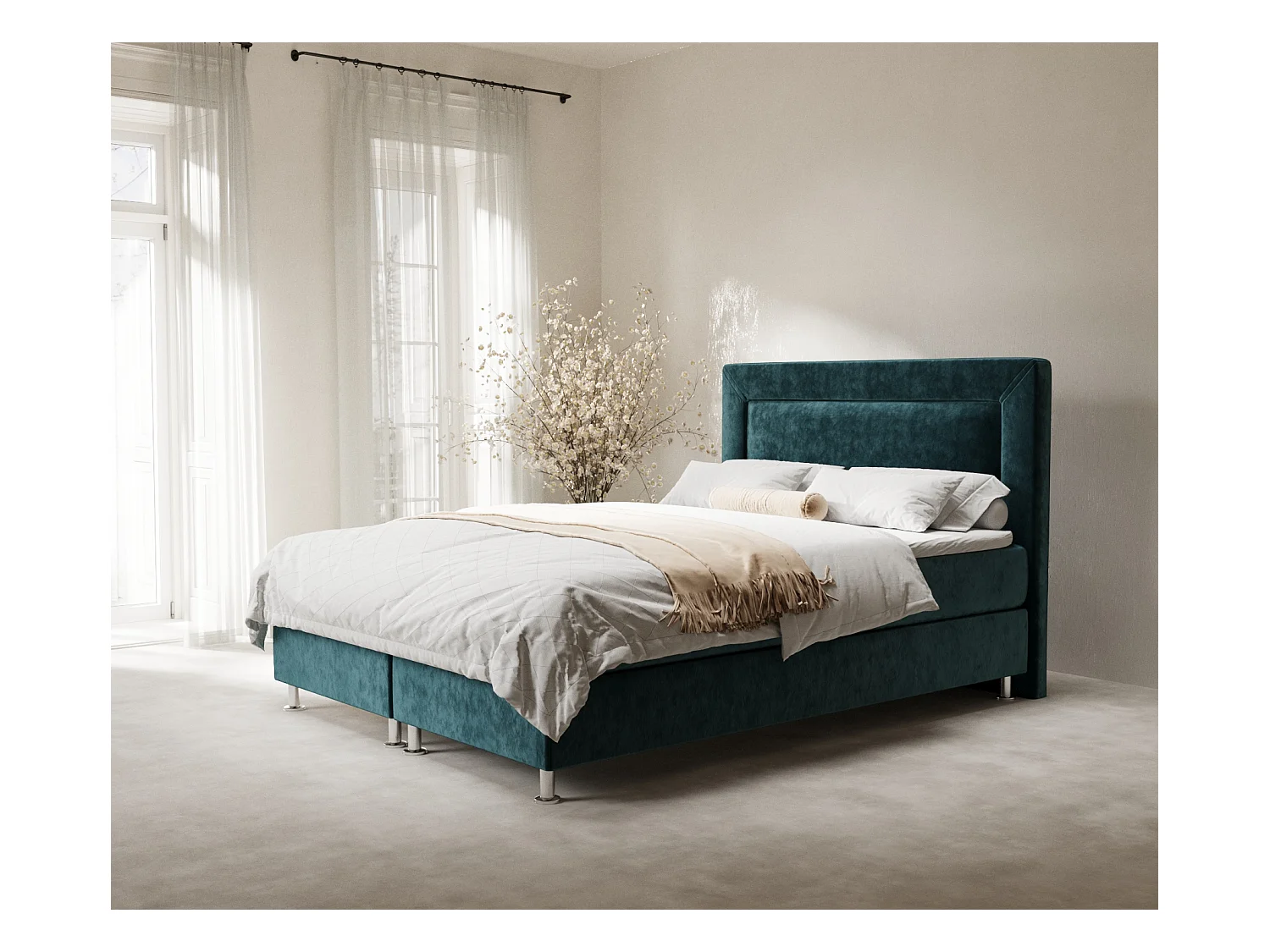 Lit boxspring en tissu velours Laguno - matelas - surmatelas - 160x200 cm - turquoise