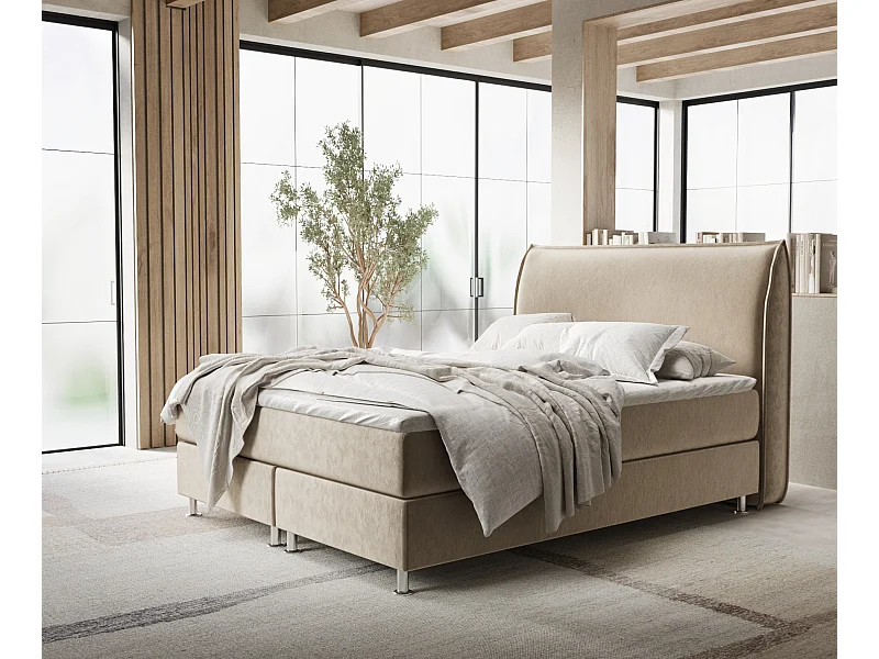 Boxspringbett aus Samtstoff Chermin - Matratze - Toppermatratze - 160x200 cm - beige