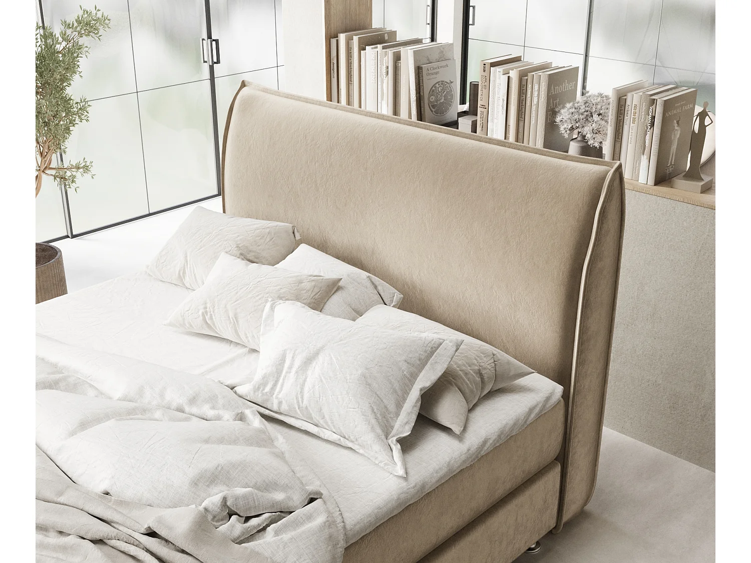 Boxspringbett aus Samtstoff Chermin - Matratze - Toppermatratze - 160x200 cm - beige