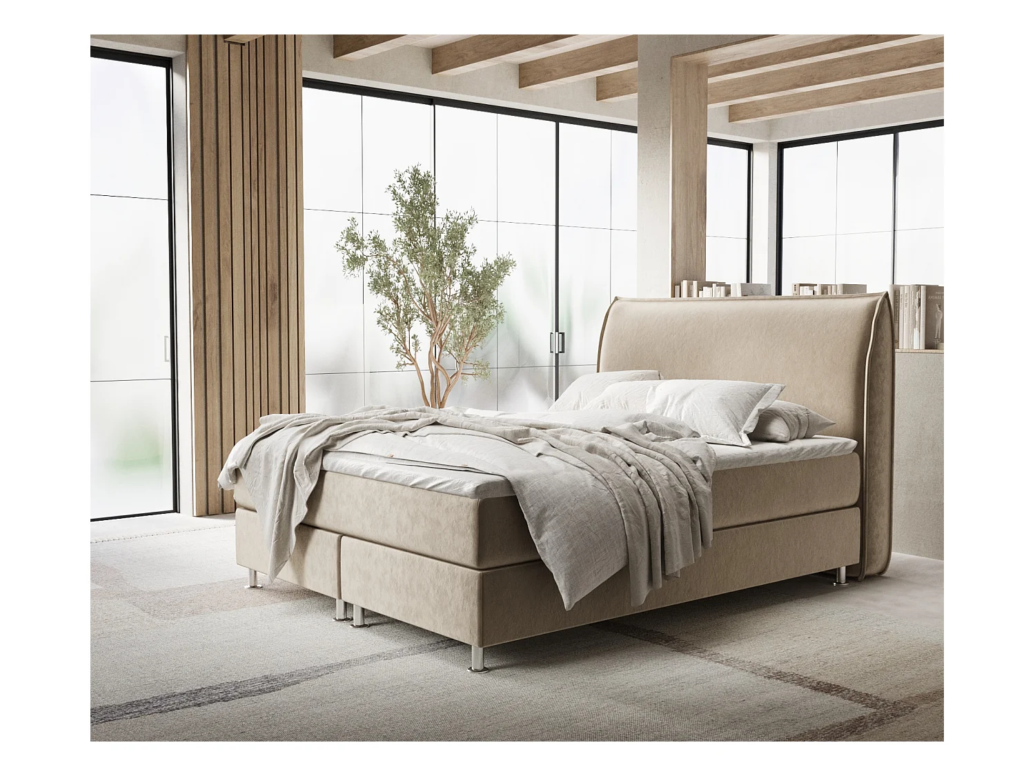 Lit boxspring en tissu velours Chermin - matelas - surmatelas - 160x200 cm - beige