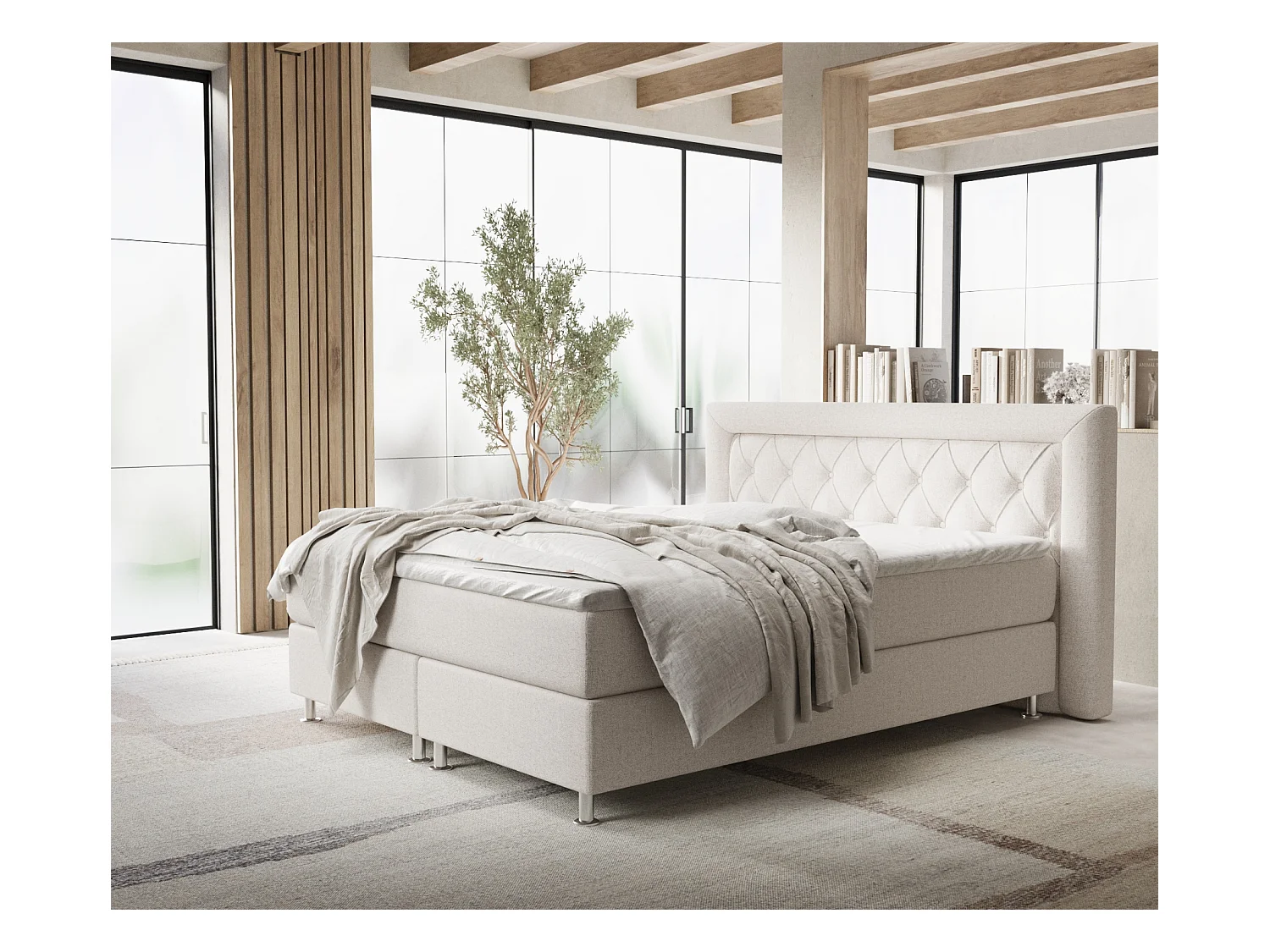 Lit boxspring en toile tissée Lavello - matelas - surmatelas - 200x200 cm - beige