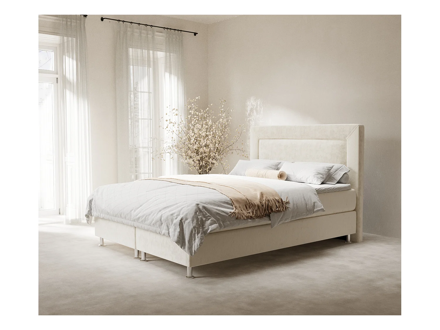 Lit boxspring en tissu velours Laguno - matelas - surmatelas - 160x200 cm - creme