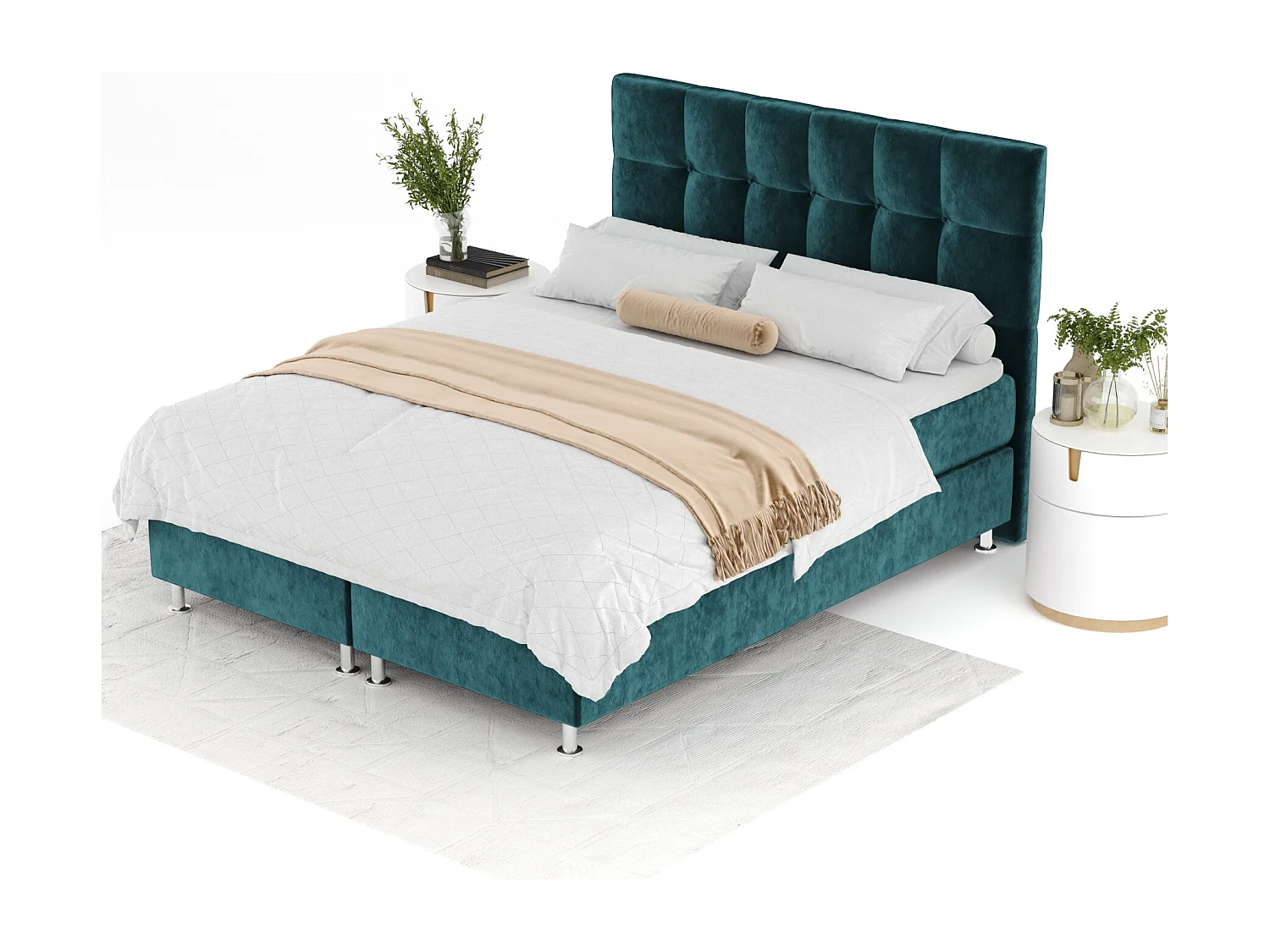 Boxspringbett aus Samtstoff Chanton - Matratze - Toppermatratze - 140x200 cm - türkisfarbe